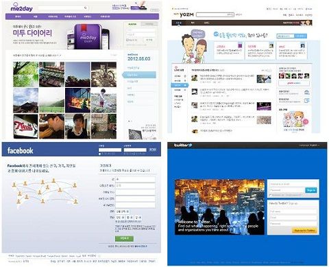 (시계방향으로)미투데이, 요즘, 트위터, 페이스북 등 4대 주요 소셜네트워크서비스(SNS) 홈페이지 메인화면